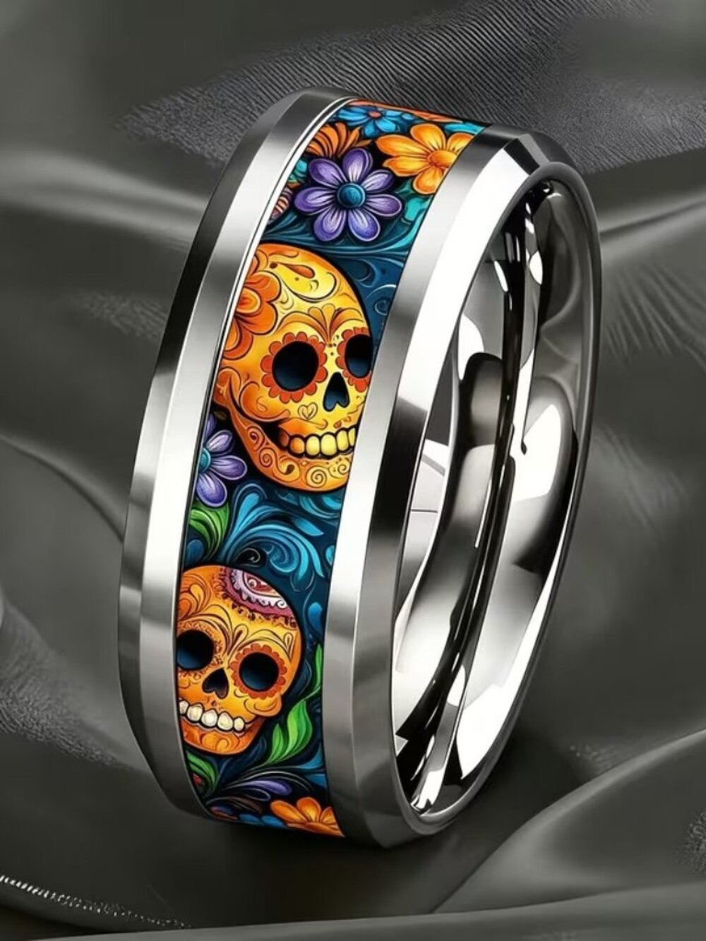 Silver Stainless Steel SUGAR SKULL Band Ring Size 8
